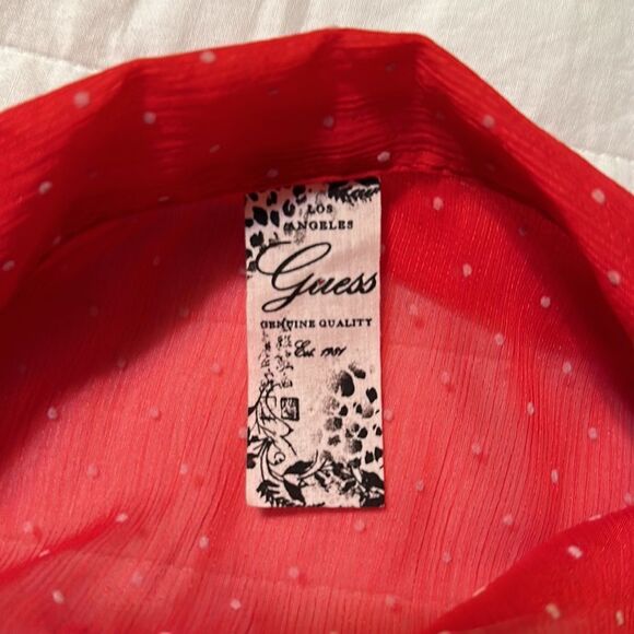 Guess L Red Textured Polka Dot Romantic Sheer Short Sleeve Collared Blouse - Picture 9 of 16